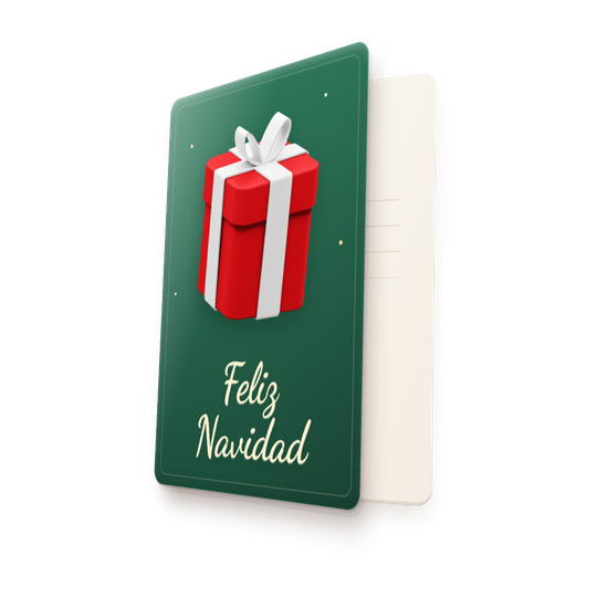 Tarjeta de Navidad en 3D, verde, con una caja de regalo roja y el texto Feliz Navidad