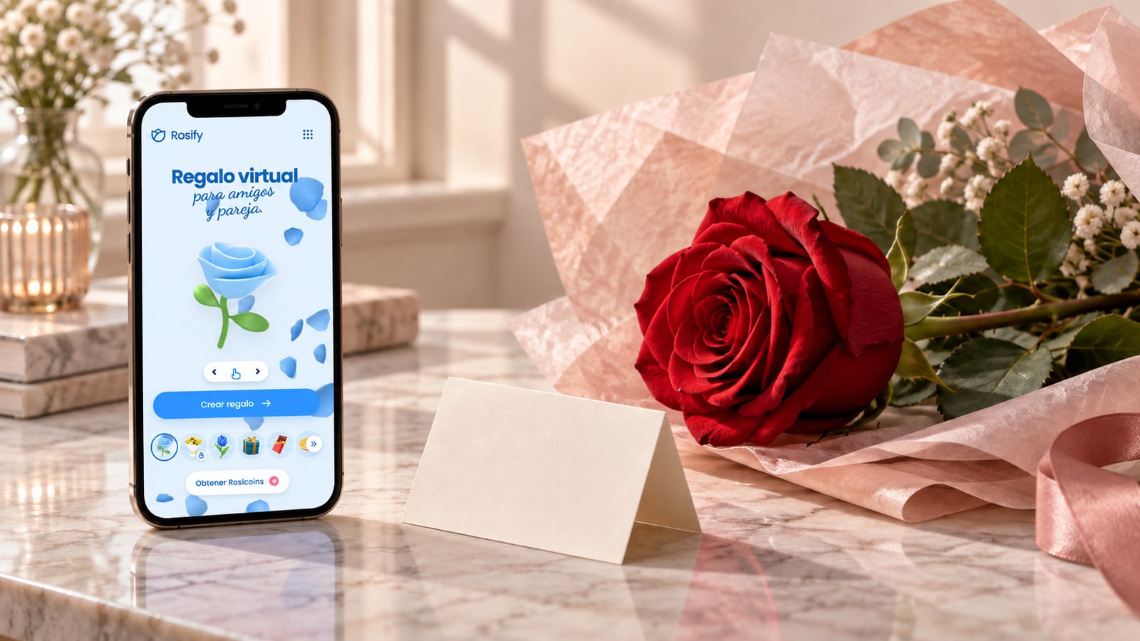 La página de inicio de Rosify en un móvil junto a una rosa natural envuelta