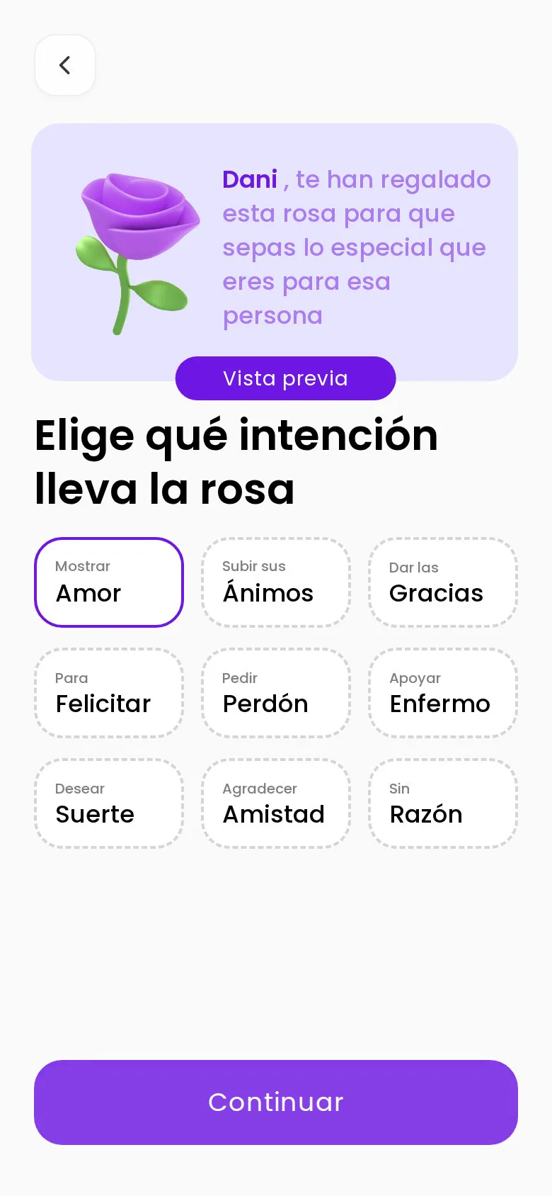 Intención Amor seleccionada en el creador de Rosify