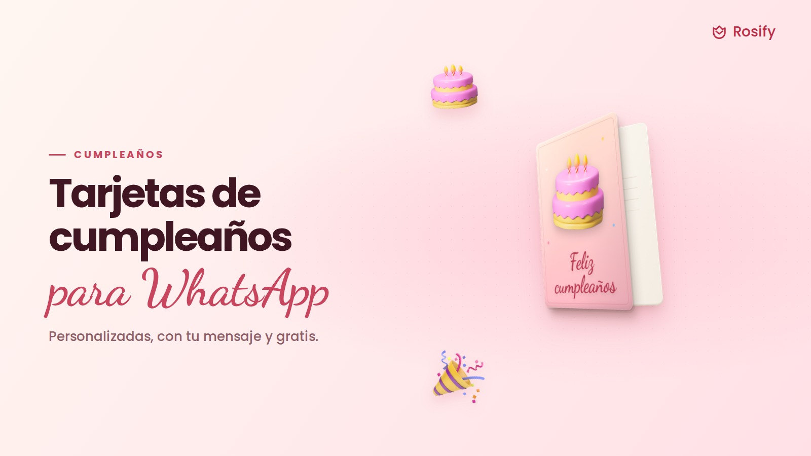 Tarjeta de cumpleaños en 3D con una tarta, junto a una tarta y un cañón de confeti