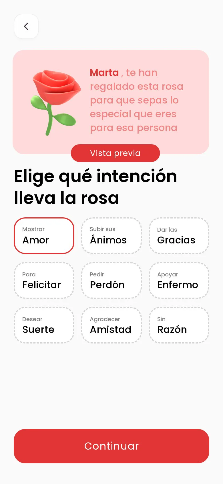 Intenciones para la rosa virtual con Amor seleccionada