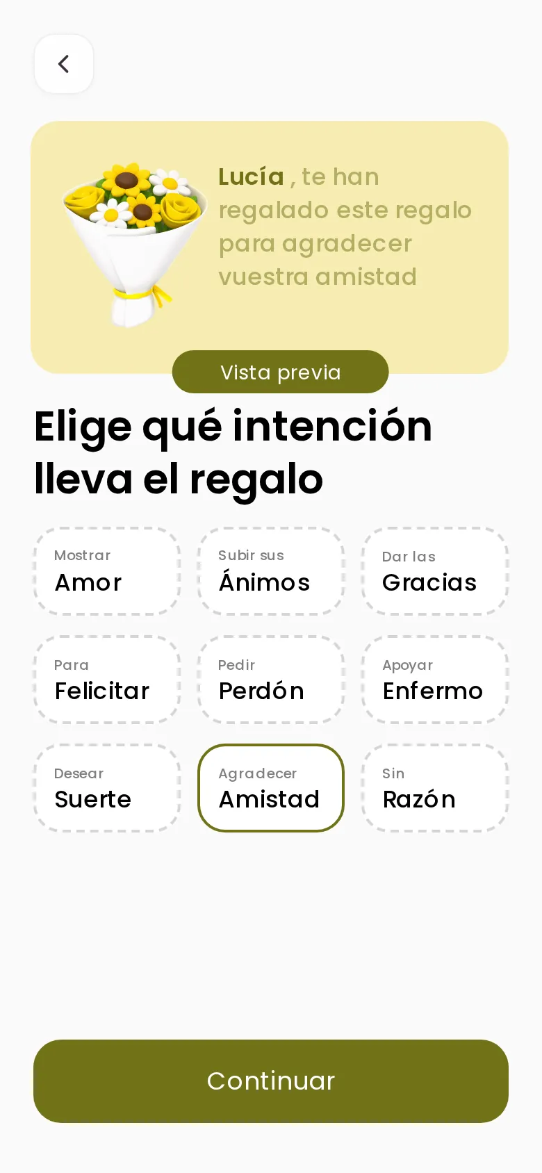 Elección de la intención del regalo en Rosify