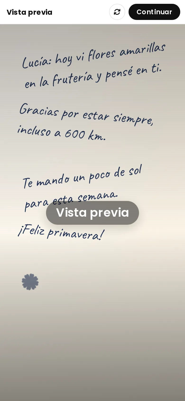 Carta escrita a mano que acompaña el ramo virtual