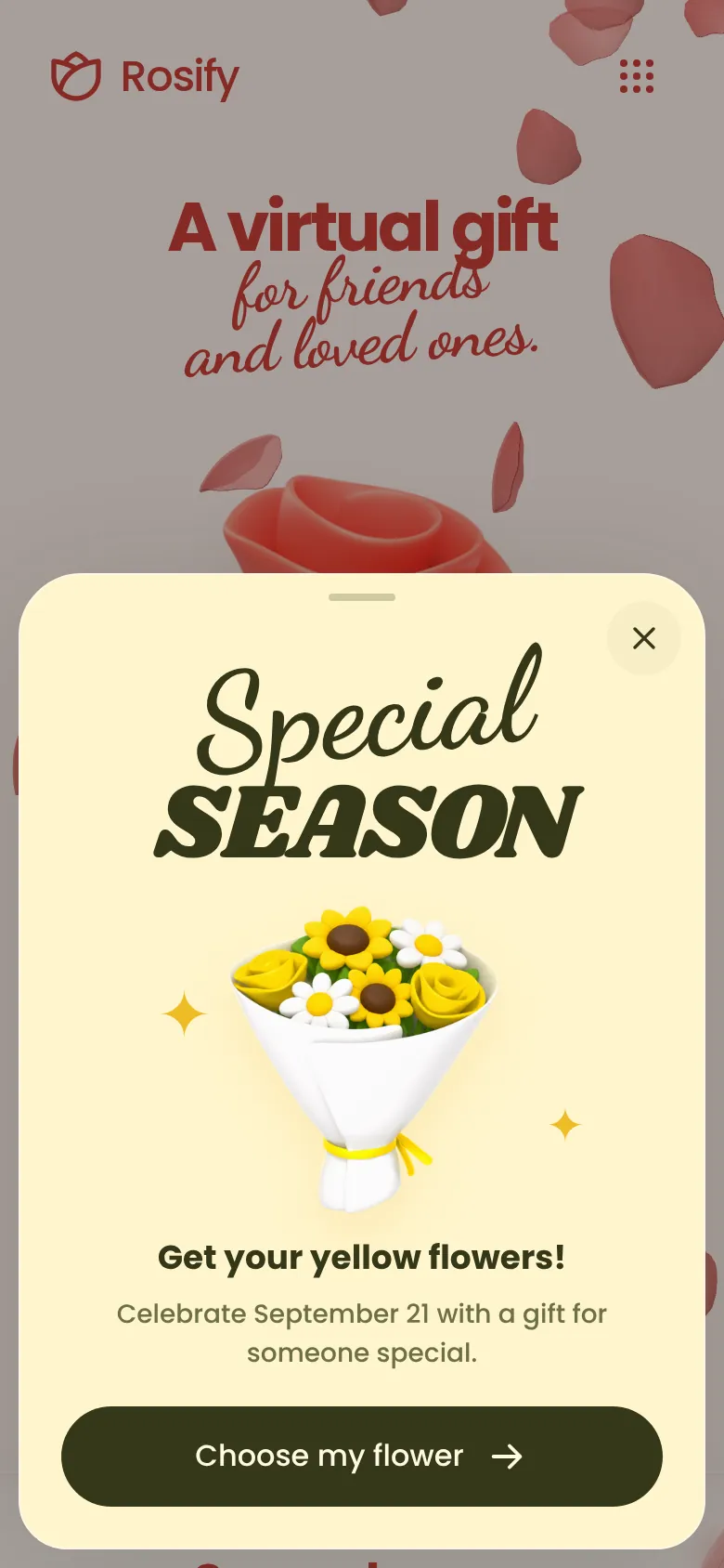 Yellow flower season notice in the Rosify creator