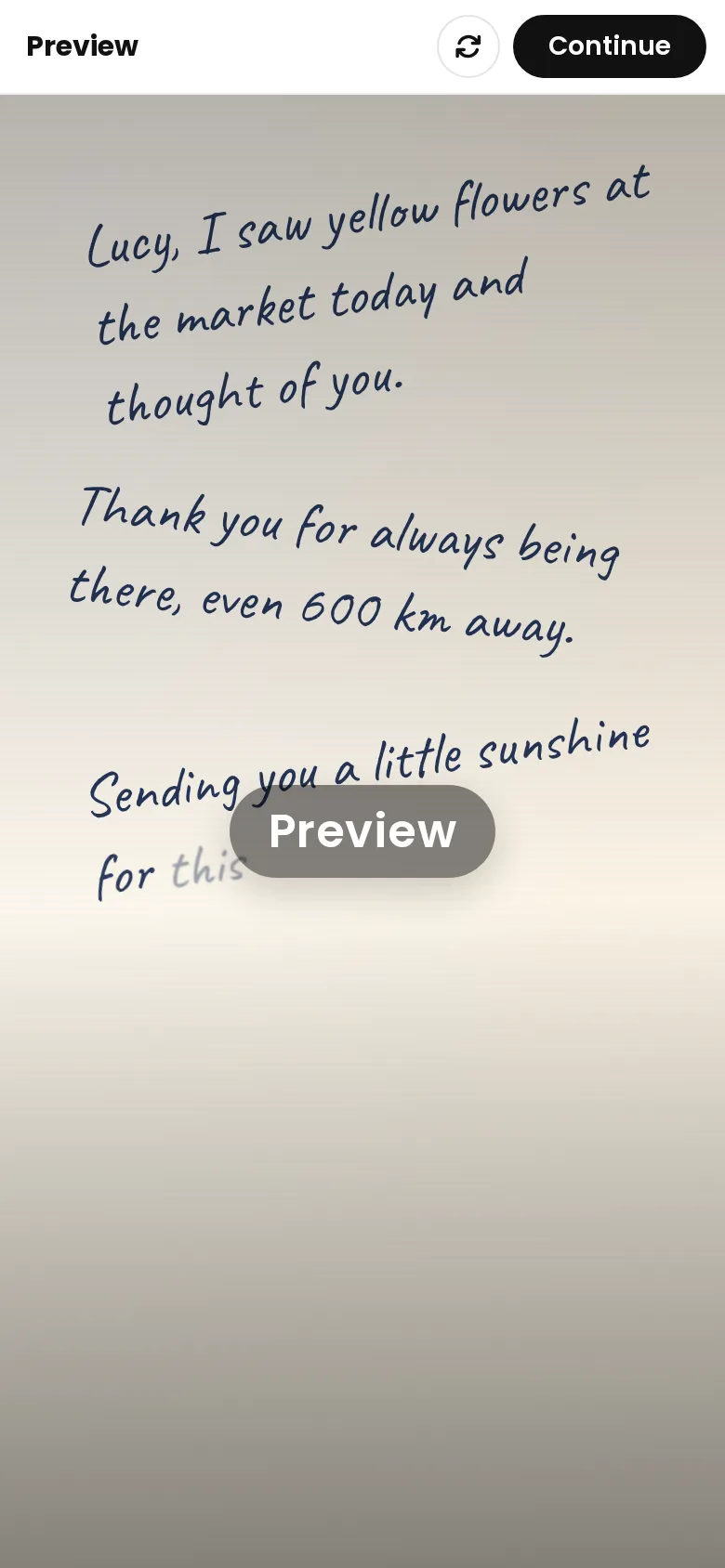 Handwritten letter that comes with the virtual bouquet