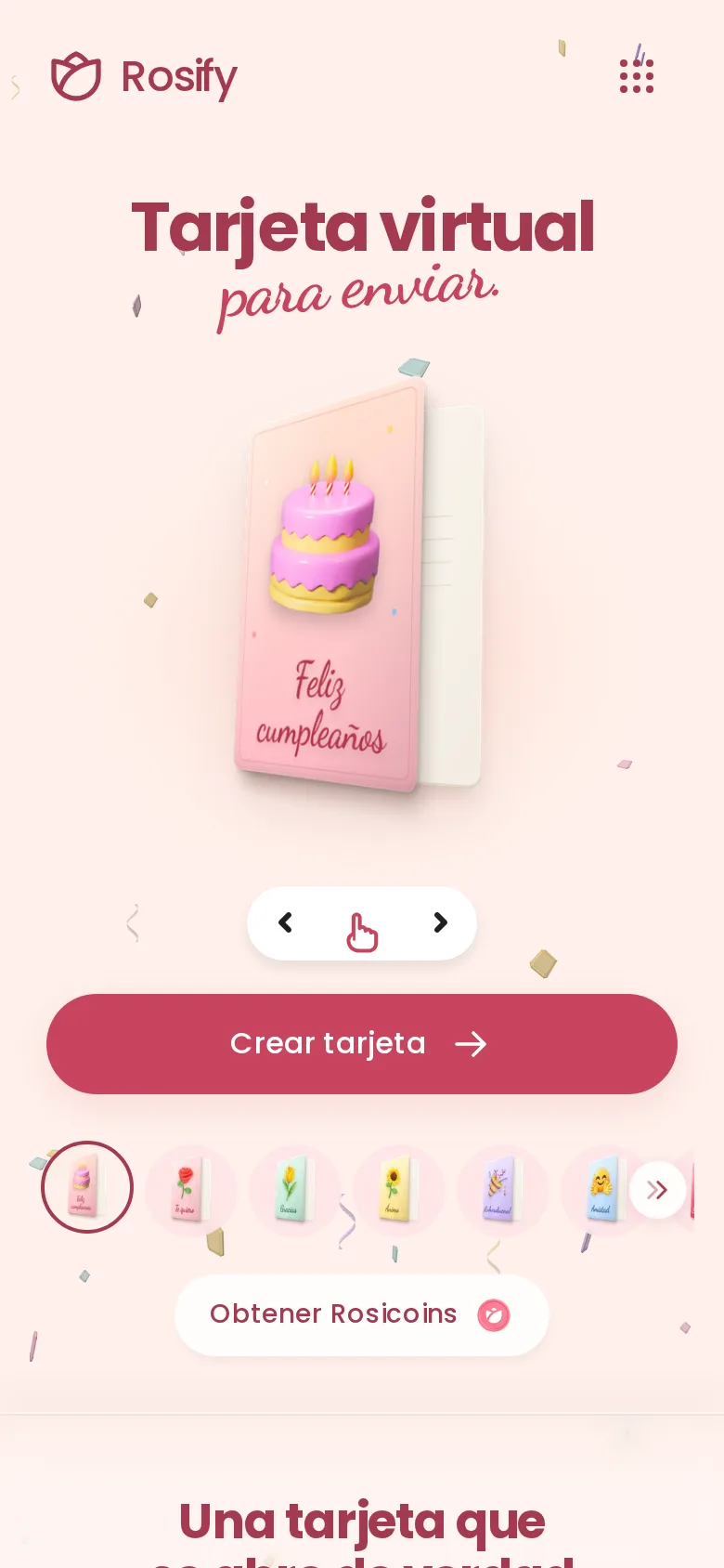 Portada de cumpleaños con una tarta en el selector de tarjetas de Rosify