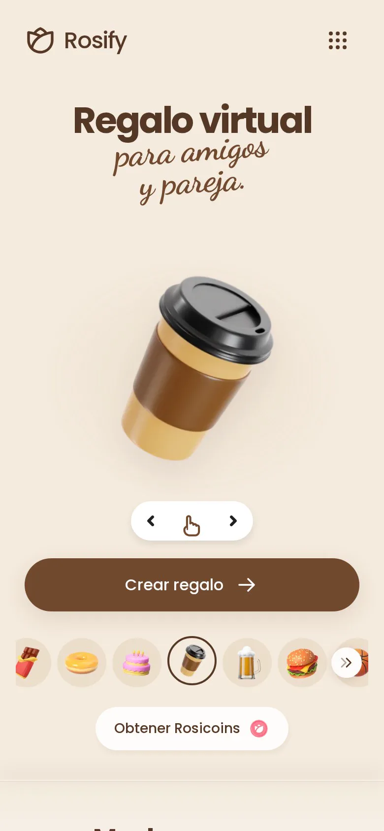 Café seleccionado en el carrusel del creador de Rosify con el botón Crear regalo