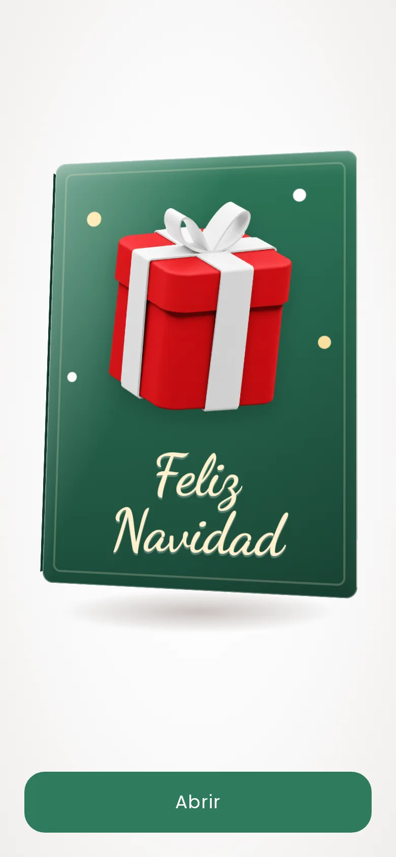 Tarjeta de Navidad cerrada con el botón Abrir, tal como la ve quien la recibe