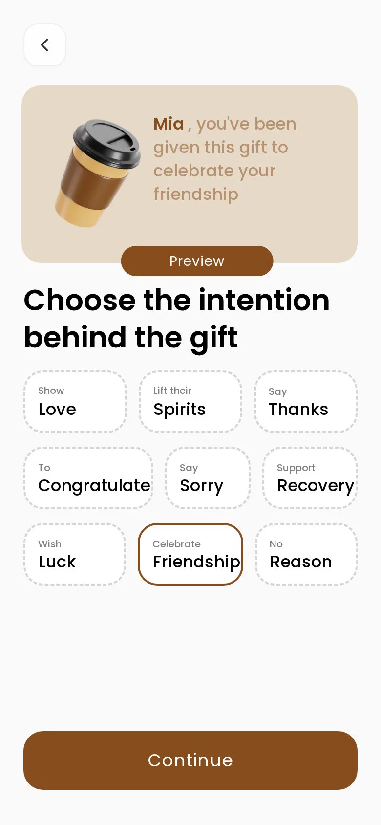 Choosing the intention in the Rosify creator: love, lift their spirits, thanks, congratulate, sorry, recovery, luck, friendship or no reason