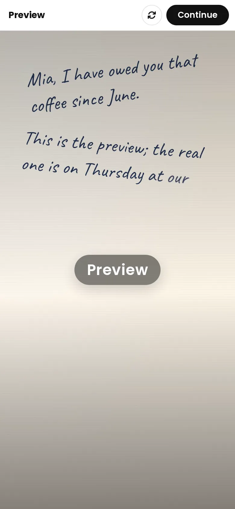 Preview of the letter being written out by hand in the Rosify creator